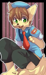 Size: 801x1280 | Tagged: safe, artist:miri, waffle ryebread (tail concerto), canine, dog, mammal, anthro, tail concerto, barefoot, clothes, feet, kemono, male, police uniform, solo, solo male