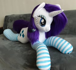 Size: 2048x1880 | Tagged: safe, artist:mdcraft10, rarity (mlp), equine, fictional species, mammal, pony, unicorn, feral, friendship is magic, hasbro, my little pony, 2022, clothes, eyelashes, female, hair, horn, irl, legwear, mane, photo, plushie, purple hair, purple mane, purple tail, smiling, socks, solo, solo female, tail, thigh highs, white body