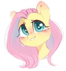 Size: 965x1038 | Tagged: safe, artist:melodylibris, fluttershy (mlp), equine, fictional species, mammal, pegasus, pony, feral, friendship is magic, hasbro, my little pony, 2022, blushing, bust, crying, cute, ear blush, female, grin, hair, looking at you, mane, mare, simple background, smiling, smiling at you, solo, solo female, teary eyes, white background