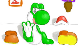 Size: 300x188 | Tagged: artist needed, source needed, safe, yoshi (mario), fictional species, yoshi (species), anthro, plantigrade anthro, mario (series), nintendo, barefoot, feet, fetish, foot fetish, foot focus, low res, male, shoes removed, soles, solo, solo male, toes
