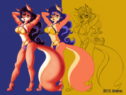 Size: 1920x1440 | Tagged: suggestive, artist:dawgweazle, carmelita fox (sly cooper), canine, fox, mammal, anthro, sly cooper (series), amber eyes, bikini, black hair, breasts, clothes, ear piercing, feet, female, fur, hair, high heels, lipstick, makeup, piercing, pose, sexy, shoes, simple background, solo, solo female, swimsuit, tail
