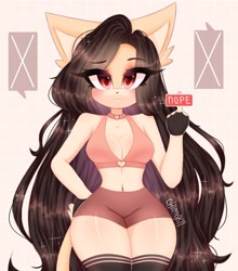 Size: 1205x1369 | Tagged: safe, artist:chikomokii, oc, oc only, cat, feline, mammal, anthro, sega, sonic the hedgehog (series), art trade, bipedal, black stockings, brown hair, censored, clothes, female, fingers, fur, hair, hand on hip, legwear, long hair, looking at you, middle finger, pink bra, red eyes, solo, solo female, sparkles, standing, stockings, tan body, tan fur, text, three-quarter portrait, vulgar, wide hips