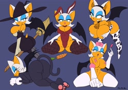 Size: 4096x2896 | Tagged: suggestive, artist:themilkman, rouge the bat (sonic), bat, mammal, anthro, sega, sonic the hedgehog (series), 2022, bat wings, bedroom eyes, big breasts, big butt, big ears, black nose, blue background, breast hold, breasts, broom, bunny suit, butt, carrot, cat costume, cleavage, clothes, costume, cow print, cowbell, cyan eyes, ears, evening gloves, eyelashes, eyeshadow, female, food, front view, gloves, halloween, halloween costume, hat, headwear, heels, high res, holding, holding object, holiday, huge breasts, kneeling, leaning forward, legwear, long gloves, looking at you, looking back, looking down, looking down at you, makeup, needle, nurse outfit, open mouth, presenting, signature, simple background, sitting, smiling, smiling at you, solo, solo female, spread legs, thigh highs, vegetables, vulva outline, webbed wings, whiskers, white gloves, wings, witch costume, witch hat