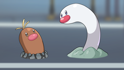 Size: 1920x1080 | Tagged: safe, artist:drunk_oak, diglett, fictional species, wiglett, feral, nintendo, pokémon, spoiler:pokémon gen 9, spoiler:pokémon scarlet and violet, 16:9, 2022, alolan diglett, ambiguous gender, ambiguous only, digital art, duo, duo ambiguous, looking at each other, pink nose