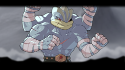 Size: 1920x1080 | Tagged: safe, artist:drunk_oak, fictional species, machamp, anthro, nintendo, pokémon, 16:9, 2022, abs, bedroom eyes, belly button, belt, biceps, bottomwear, clothes, digital art, ears, flexing, four arms, looking at you, male, muscles, muscular male, pants, pecs, pose, scales, scar, solo, solo male, thighs
