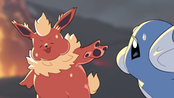 Size: 1920x1080 | Tagged: safe, artist:drunk_oak, dratini, eeveelution, fictional species, flareon, mammal, feral, nintendo, pokémon, 16:9, 2022, ambiguous gender, ambiguous only, digital art, duo, duo ambiguous, eyes closed, fat, fluff, fur, hair, neck fluff, paw pads, paws, sweat, tail