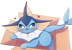 Size: 3000x2100 | Tagged: safe, artist:park horang, eeveelution, fictional species, mammal, vaporeon, feral, nintendo, pokémon, 2022, ambiguous gender, bedroom eyes, behaving like a cat, black nose, blushing, box, container, digital art, ears, fins, fur, if i fits i sits, open mouth, paws, simple background, solo, solo ambiguous, tail, tongue, white background