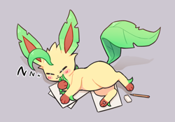 Size: 2300x1600 | Tagged: safe, artist:park horang, eeveelution, fictional species, leafeon, mammal, feral, nintendo, pokémon, 2022, ambiguous gender, behaving like a cat, black nose, digital art, ears, eyes closed, fur, paws, simple background, sleeping, solo, solo ambiguous, tail, white background
