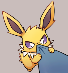 Size: 1400x1500 | Tagged: safe, artist:park horang, eeveelution, fictional species, jolteon, mammal, feral, nintendo, pokémon, 2022, ambiguous gender, bedroom eyes, behaving like a cat, black nose, clothes, digital art, ears, fluff, fur, holding, mouth hold, neck fluff, paws, pulling, simple background, solo, solo ambiguous, tail, white background