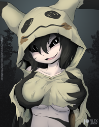 Size: 961x1230 | Tagged: suggestive, artist:rilexlenov, human, mammal, nintendo, pokémon, 2022, bedroom eyes, black hair, black sclera, breast grab, breasts, clothes, colored sclera, costume, digital art, female, grope, hair, halloween, halloween costume, human only, looking at you, mimikyu costume, one eye closed, self grope, sexy, skin, solo, solo female, underboob