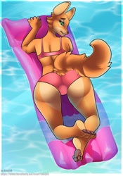 Size: 896x1280 | Tagged: safe, artist:snejek, diane foxington (the bad guys), canine, fox, mammal, anthro, digitigrade anthro, dreamworks animation, the bad guys, 2022, bikini, butt, clothes, digital art, ears, eyelashes, female, floating, fur, looking at you, looking back, looking back at you, paw pads, paws, pink bikini, pink nose, pink swimsuit, rear view, solo, solo female, swimming pool, swimsuit, tail, thighs, vixen, wide hips