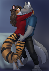 Size: 724x1050 | Tagged: safe, artist:jailbird, oc, oc:alex marx, oc:matthew woodward, big cat, canine, feline, mammal, saber-toothed cat, tiger, wolf, anthro, arms around neck, bedroom, blushing, bottomwear, clothes, duo, embrace, eyes closed, female, hand on hip, indoors, making out, male, male/female, pants, shirt, skirt, standing, story at source, sweater, topwear
