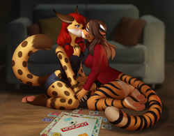 Size: 2000x1556 | Tagged: safe, artist:sogolina, oc, oc:alex marx, cheetah, feline, mammal, saber-toothed cat, anthro, hasbro, monopoly, blushing, bottomless, bottomwear, breasts, clothes, couch, duo, female, female/female, hair, hand on hand, hand on thigh, indoors, kissing, kneeling, looking at each other, nudity, partial nudity, paw pads, paws, pigtails, red hair, room, short shorts, shorts, small breasts, story at source, sweater, tank top, thighs, topwear, wooden floor
