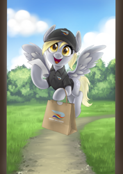 Size: 2480x3508 | Tagged: safe, artist:taytinabelle, derpy hooves (mlp), equine, fictional species, mammal, pegasus, pony, feral, friendship is magic, hasbro, my little pony, 2022, clothes, cute, delivery, feathered wings, feathers, female, flying, grass, grass field, happy, hat, headwear, high res, holding, hoof hold, hooves, looking at you, mare, open mouth, open smile, paper, polo shirt, raised hoof, scenery, smiling, smiling at you, solo, solo female, spread wings, tail, uniform, wings