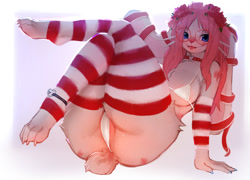 Size: 1280x920 | Tagged: suggestive, artist:delki, lagomorph, mammal, rabbit, anthro, anklet, barely covered, blue eyes, bra, choker, clothes, female, flower, flower in hair, fur, glasses, hair, hair accessory, heart, legwear, panties, pink body, pink fur, pink hair, plant, presenting, ribbon, round glasses, simple background, solo, solo female, striped clothes, striped legwear, thigh highs, thong, toeless legwear, underwear, white background