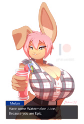 Size: 863x1280 | Tagged: safe, artist:pakwan008, oc, oc only, lagomorph, mammal, rabbit, anthro, 2020, bedroom eyes, bottomwear, breasts, buckteeth, clothes, commission, dialogue, digital art, ears, eyelashes, female, fur, hair, huge breasts, juice, looking at you, pink nose, shirt, short tail, shorts, simple background, solo, solo female, tail, talking, teeth, text, thighs, topwear, wide hips