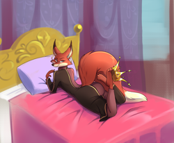 Size: 4041x3332 | Tagged: suggestive, artist:xmonstergirlshideout, canine, fox, mammal, anthro, barefoot, bed, crown, feet, female, fitna (the donkey king), headwear, jewelry, lying down, lying on bed, on bed, pakistan, regalia, the donkey king