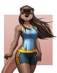 Size: 2344x3000 | Tagged: safe, artist:mykegreywolf, oc, oc only, oc:nat (mykegreywolf), mammal, mustelid, otter, anthro, 2022, black nose, bottomwear, breasts, brown body, brown hair, clothes, eyelashes, female, hair, high res, long hair, one-piece swimsuit, shorts, solo, solo female, swimsuit, tail