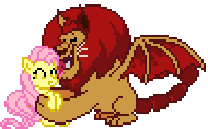 Size: 190x118 | Tagged: safe, fluttershy (mlp), equine, fictional species, mammal, manticore, pegasus, pony, feral, friendship is magic, hasbro, my little pony, animated, duo, duo male and female, female, gif, hug, low res, male, manny roar (mlp), mare, pixel animation, pixel art, simple background, transparent background