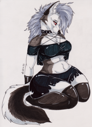 Size: 3312x4596 | Tagged: safe, artist:winter_snow_cat, loona (vivzmind), canine, fictional species, hellhound, mammal, anthro, digitigrade anthro, hazbin hotel, helluva boss, breasts, cleavage, collar, curvy, female, slightly chubby, solo, solo female, thick, thick thighs, thighs, traditional art, wide hips