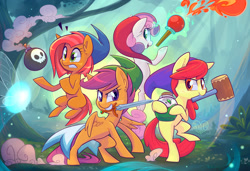 Size: 1200x821 | Tagged: safe, artist:hollulu, apple bloom (mlp), babs seed (mlp), scootaloo (mlp), sweetie belle (mlp), earth pony, equine, fairy, fictional species, mammal, pegasus, pony, unicorn, feral, friendship is magic, hasbro, my little pony, nintendo, the legend of zelda, 2016, bomb, clothes, commission, crossover, cutie mark crusaders (mlp), feathered wings, feathers, fire, forest, hammer, hat, headwear, horn, potion, smiling, sword, wand, weapon, wings