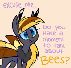 Size: 4000x3831 | Tagged: safe, artist:hollulu, oc, oc only, arthropod, bee, equine, hybrid, insect, mammal, pony, feral, hasbro, my little pony, 2015, antennae, bee pony, cute, dialogue, female, high res, insect wings, open mouth, open smile, smiling, solo, solo female, talking, text, wings