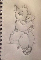 Size: 1412x2048 | Tagged: safe, artist:louart, capybara, mammal, rodent, anthro, 2022, female, monochrome, sitting, solo, solo female, teddy bear, thick thighs, thighs, traditional art, wide hips