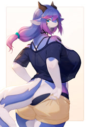 Size: 1063x1500 | Tagged: safe, artist:lcshian, dragon, fictional species, anthro, big butt, bottomwear, bra, breasts, butt, clothes, female, horns, huge breasts, shirt, shorts, solo, solo female, tail, thick thighs, thighs, topwear, underwear, wide hips