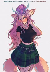Size: 2236x3200 | Tagged: safe, artist:kayfoxii, canine, fox, mammal, anthro, bottomwear, clothes, crop top, female, horns, shirt, skirt, solo, solo female, tail, topwear, wide hips
