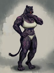 Size: 1500x2000 | Tagged: safe, artist:duckmeat_woohoo, big cat, feline, leopard, mammal, anthro, big breasts, bra, breasts, clothes, female, licking, licking lips, muscles, muscular female, panties, scar, solo, solo female, tail, thunder thighs, tongue, tongue out, underwear