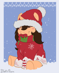 Size: 1208x1500 | Tagged: safe, artist:binkyroom, oc, oc only, equine, fictional species, mammal, pony, unicorn, feral, babyfur, blushing, christmas, clothes, commission, cute, female, hat, headwear, holiday, pacifier, santa hat, scarf, snow, snowflake, solo, solo female, winter, winter outfit, ych result