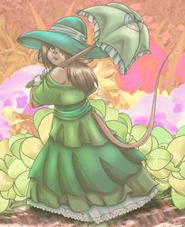 Size: 1252x1537 | Tagged: safe, artist:jessicarae, mammal, mouse, rodent, anthro, bottomwear, clothes, dress, female, hair, hat, headwear, long hair, looking at you, looking back, looking back at you, parasol, solo, solo female, southern belle, sun hat, tail