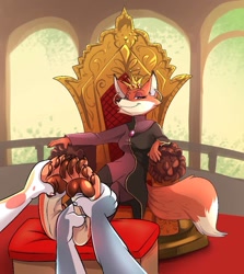 Size: 925x1035 | Tagged: suggestive, artist:xmonstergirlshideout, canine, fox, mammal, anthro, bad end, barefoot, bed, crown, feet, female, fetish, fitna (the donkey king), foot fetish, foot massage, headwear, jewelry, lying down, massage, offscreen character, pakistan, regalia, the donkey king
