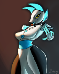 Size: 960x1200 | Tagged: safe, artist:paradoxing5, tasque manager (deltarune), android, cat, feline, fictional species, mammal, robot, anthro, deltarune, spoiler:deltarune chapter 2, 2022, bottomwear, breasts, clothes, digital art, dress, ears, eyelashes, female, fur, hair, solo, solo female, tail, thighs, wide hips
