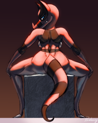 Size: 960x1200 | Tagged: suggestive, artist:paradoxing5, fictional species, krookodile, anthro, digitigrade anthro, nintendo, pokémon, 2022, bedroom eyes, breasts, butt, digital art, eyelashes, female, looking at you, looking back, looking back at you, nudity, rear view, rearboob, scales, sitting, smiling, smiling at you, solo, solo female, tail, thighs, wide hips