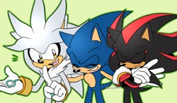 Size: 1222x713 | Tagged: safe, artist:artsriszi, shadow the hedgehog (sonic), silver the hedgehog (sonic), sonic the hedgehog (sonic), hedgehog, mammal, anthro, sega, sonic the hedgehog (series), group, male, trio