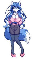 Size: 2815x4975 | Tagged: safe, artist:sokerikaneli, krystal (star fox), canine, fox, mammal, anthro, nintendo, star fox, 2022, black nose, bottomwear, brown eyes, clothes, commission, digital art, ears, eyelashes, female, fur, hair, high heels, legwear, looking at you, shirt, shoes, simple background, skirt, solo, solo female, stockings, tail, thighs, topwear, transparent background, tribal markings, vixen, wide hips