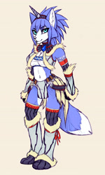 Size: 3686x6128 | Tagged: safe, artist:sokerikaneli, krystal (star fox), canine, fox, mammal, anthro, capcom, monster hunter, nintendo, star fox, 2022, absurd resolution, bikini, bikini top, black nose, boots, clothes, commission, digital art, ears, eyelashes, female, fur, hair, loincloth, looking at you, shoes, simple background, solo, solo female, swimsuit, tail, thighs, tribal markings, vixen, wide hips