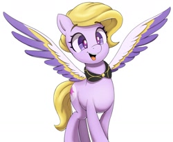 Size: 1453x1200 | Tagged: safe, artist:ahobobo, equine, fictional species, mammal, pegasus, pony, feral, hasbro, my little pony, my little pony g5, spoiler:my little pony g5, 2022, collar, colored wings, cute, dazzle feather (mlp), feathered wings, feathers, female, happy, mare, multicolored wings, open mouth, open smile, simple background, smiling, solo, solo female, spread wings, tail, white background, wings