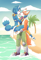 Size: 3060x4504 | Tagged: suggestive, artist:sokerikaneli, fox mccloud (star fox), krystal (star fox), canine, fox, mammal, anthro, nintendo, star fox, 2022, anthro/anthro, bikini, bikini top, black nose, blushing, boots, bottomwear, breasts, butt, canon ship, clothes, commission, couple, detailed background, digital art, duo, ears, eyelashes, eyes closed, female, french kiss, fur, hair, jacket, lifting, loincloth, male, male/female, open mouth, pants, rear view, sandals, shipping, shirt, shoes, shoulder pads, sideboob, swimsuit, tail, thighs, tongue, tongue out, topwear, tribal markings, vixen, wide hips