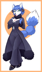 Size: 753x1280 | Tagged: suggestive, artist:sokerikaneli, cynthia (pokémon), krystal (star fox), canine, fox, mammal, anthro, nintendo, pokémon, star fox, 2021, big breasts, black nose, blep, bottomwear, breasts, clothes, coat, commission, cosplay, digital art, ears, eyelashes, female, fur, hair, high heels, looking at you, nipple outline, pants, pokémon trainer, shirt, shoes, solo, solo female, tail, thighs, tongue, tongue out, topwear, tribal markings, vixen, wide hips