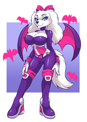 Size: 1701x2388 | Tagged: suggestive, artist:sokerikaneli, fay spaniel (star fox), rouge the bat (sonic), canine, dog, mammal, anthro, nintendo, sega, sonic the hedgehog (series), star fox, 2022, black nose, boots, clothes, commission, cosplay, crossover, digital art, ears, eyelashes, fake wings, female, fur, hair, looking at you, nipple outline, shoes, simple background, solo, solo female, suit, tail, thighs, wide hips