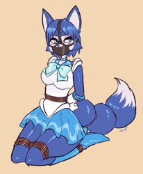 Size: 2216x2692 | Tagged: suggestive, artist:jamoart, krystal (star fox), sailor mercury (sailor moon), canine, fox, mammal, anthro, nintendo, sailor moon, star fox, 2022, blue body, blue fur, blue hair, bondage, boots, breasts, clothes, cosplay, dipstick tail, female, fur, gagged, green eyes, hair, high heel boots, kneeling, rope, shoes, short hair, solo, solo female, tail, tail band, tied up, vixen, white body, white fur