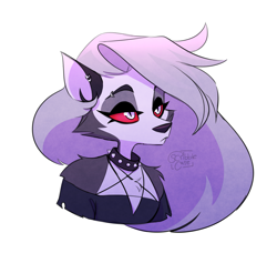 Size: 2837x2585 | Tagged: safe, artist:scribblecate, loona (vivzmind), canine, fictional species, hellhound, mammal, anthro, hazbin hotel, helluva boss, 2020, black nose, chest fluff, clothes, collar, colored sclera, ear piercing, ears, eyebrow piercing, eyebrows, eyelashes, eyeshadow, female, fluff, fur, gray body, gray fur, gray hair, hair, long hair, makeup, multicolored fur, narrowed eyes, piercing, red sclera, shoulder fluff, solo, solo female, spiked collar, topwear, white body, white eyes, white fur
