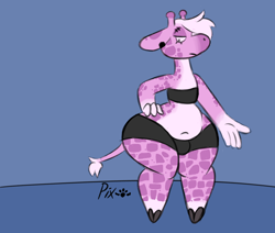 Size: 2860x2420 | Tagged: suggestive, artist:pixelwings, oc, oc only, oc:rudy (dogfluid), giraffe, mammal, anthro, unguligrade anthro, bulge, ear piercing, hooves, intersex, intersex female, piercing, solo, solo intersex female, thick thighs, thighs