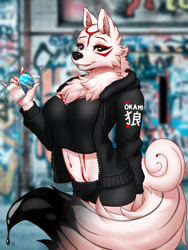 Size: 4500x6000 | Tagged: safe, artist:mykegreywolf, amaterasu (okami), canine, mammal, wolf, anthro, capcom, okami, 2022, absurd resolution, anthrofied, black nose, bottle, clothes, container, crop top, digital art, drink, female, fur, fur markings, graffiti, hoodie, looking at you, midriff, smiling, solo, solo female, tail, topwear, video game, white body, white fur