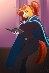 Size: 933x1400 | Tagged: safe, artist:sunny way, sunburst (mlp), equine, fictional species, mammal, pony, unicorn, anthro, friendship is magic, hasbro, my little pony, artwork, book, clothes, digital art, female, glasses, hair, horn, mare, patreon reward, pinup, ponytail, reading, robe, round glasses, rule 63, solo, solo female, stars