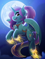 Size: 1900x2500 | Tagged: safe, artist:starcasteclipse, oc, oc only, oc:aria starsong, alicorn, equine, fictional species, mammal, pony, feral, friendship is magic, hasbro, my little pony, 2022, commission, ear fluff, evening, feathered wings, feathers, female, fluff, flying, glowing hooves, high res, horn, mare, moon, smiling, solo, solo female, wings, ych result