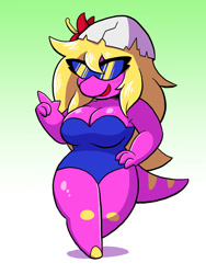 Size: 720x960 | Tagged: safe, artist:greliz, dinosaur, reptile, 2017, blonde hair, bonk's adventure, breasts, cleavage, clothes, eggshell, female, glasses, gradient background, hair, hand on hip, mind control, princess za(bonk's adventure), psudo za(bonk's adventure), solo, solo female, sunglasses, swimsuit