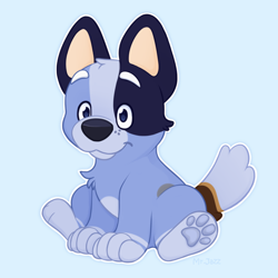 Size: 878x878 | Tagged: safe, artist:mr.jazz, socks heeler (bluey), australian cattle dog, canine, dog, mammal, feral, bluey (series), 2022, 2d, cute, double outline, female, looking at you, paw pads, paws, puppy, sitting, smiling, smiling at you, solo, solo female, young